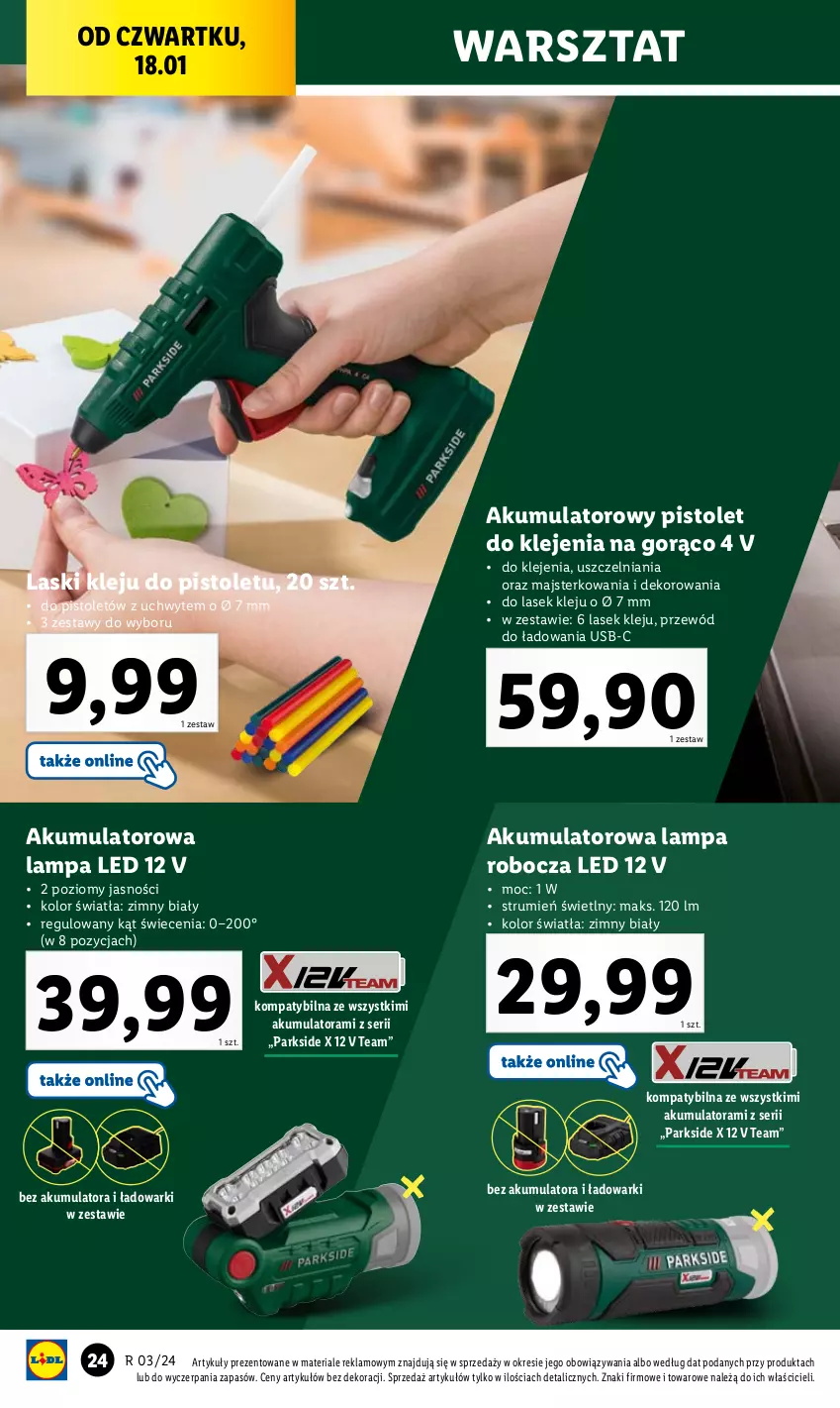 Gazetka promocyjna Lidl - GAZETKA - ważna 15.01 do 20.01.2024 - strona 28 - produkty: Akumulator, Klej, Lampa, Lampa LED, Lampa robocza LED, Parkside, Pistolet, Przewód, Rum, Ser