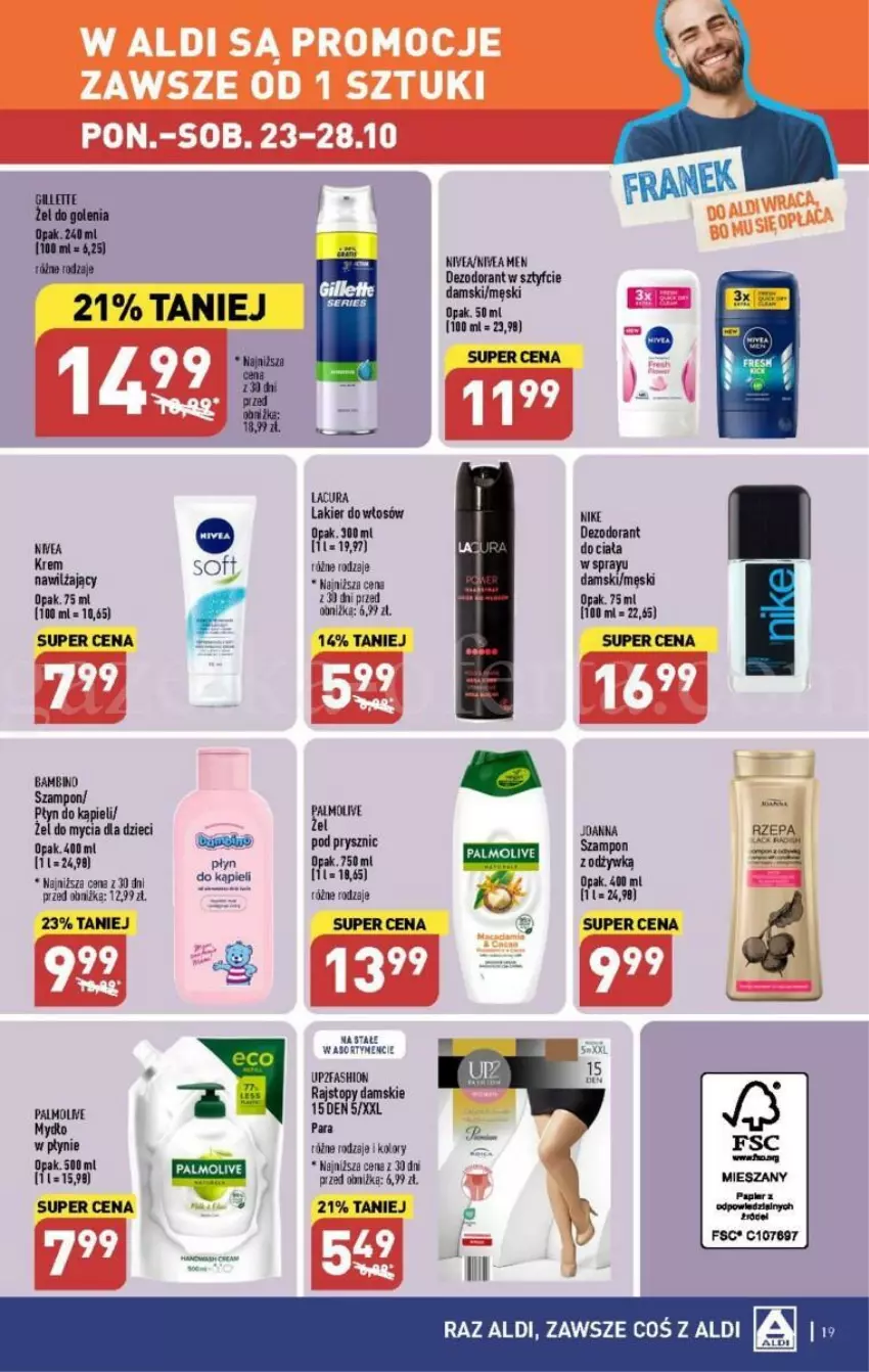 Gazetka promocyjna Aldi - ważna 23.10 do 28.10.2023 - strona 11 - produkty: Dezodorant, Dzieci, Fa, Gillette, Joanna, Lakier, Lakier do włosów, Mydło, Mydło w płynie, Nike, Nivea, Odżywka, Palmolive, Papier, Rajstopy, Szampon, Top