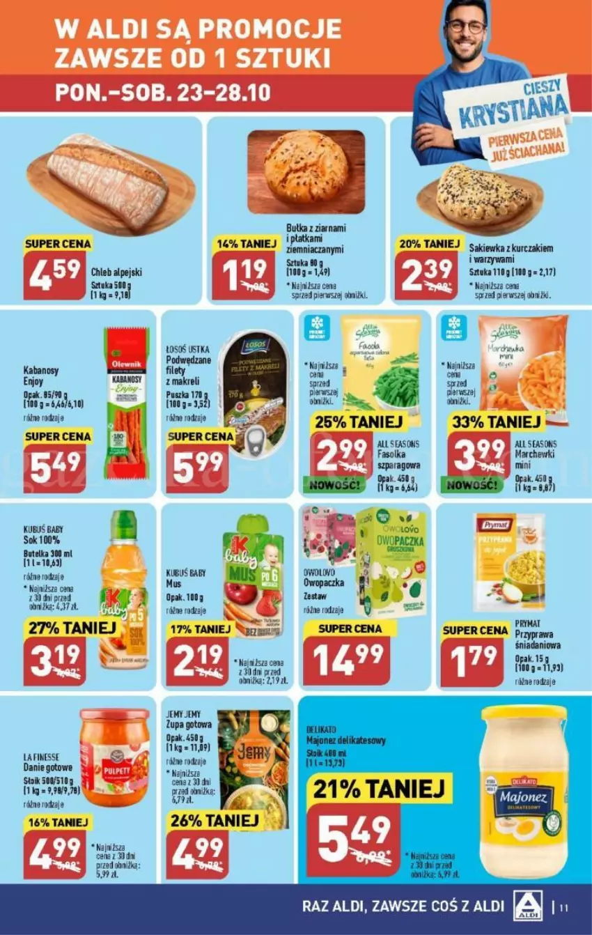 Gazetka promocyjna Aldi - ważna 23.10 do 28.10.2023 - strona 3 - produkty: All Seasons, Bułka, Chleb, Danie gotowe, Fa, Kabanos, Kubuś, Kurczak, Mus, Sok, Warzywa