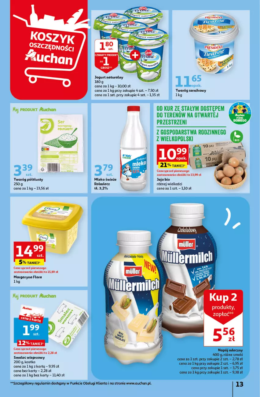 Gazetka promocyjna Auchan - Gazetka MAXI rewelacje! Hipermarket Auchan - ważna 14.09 do 20.09.2023 - strona 13 - produkty: Flora, Jaja, Jogurt, Jogurt naturalny, Margaryna, Mleko, Napój, Napój mleczny, Rolmlecz, Ser, Ser twarogowy, Smalec, Twaróg, Twaróg półtłusty