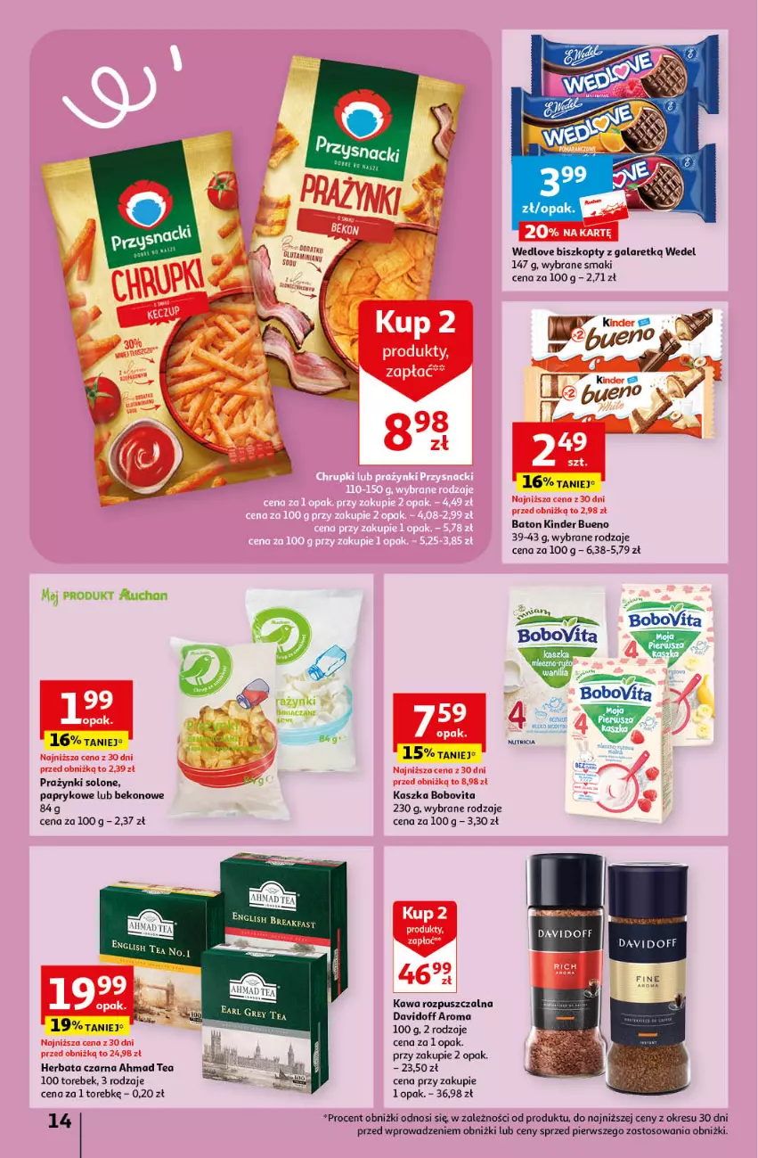 Gazetka promocyjna Auchan - Gazetka MAXI rewelacje! Hipermarket Auchan - ważna 14.09 do 20.09.2023 - strona 14 - produkty: Baton, Beko, Biszkopty, BoboVita, Davidoff, Gala, Herbata, Herbata czarna, Kawa, Kawa rozpuszczalna, Kinder, Kinder Bueno