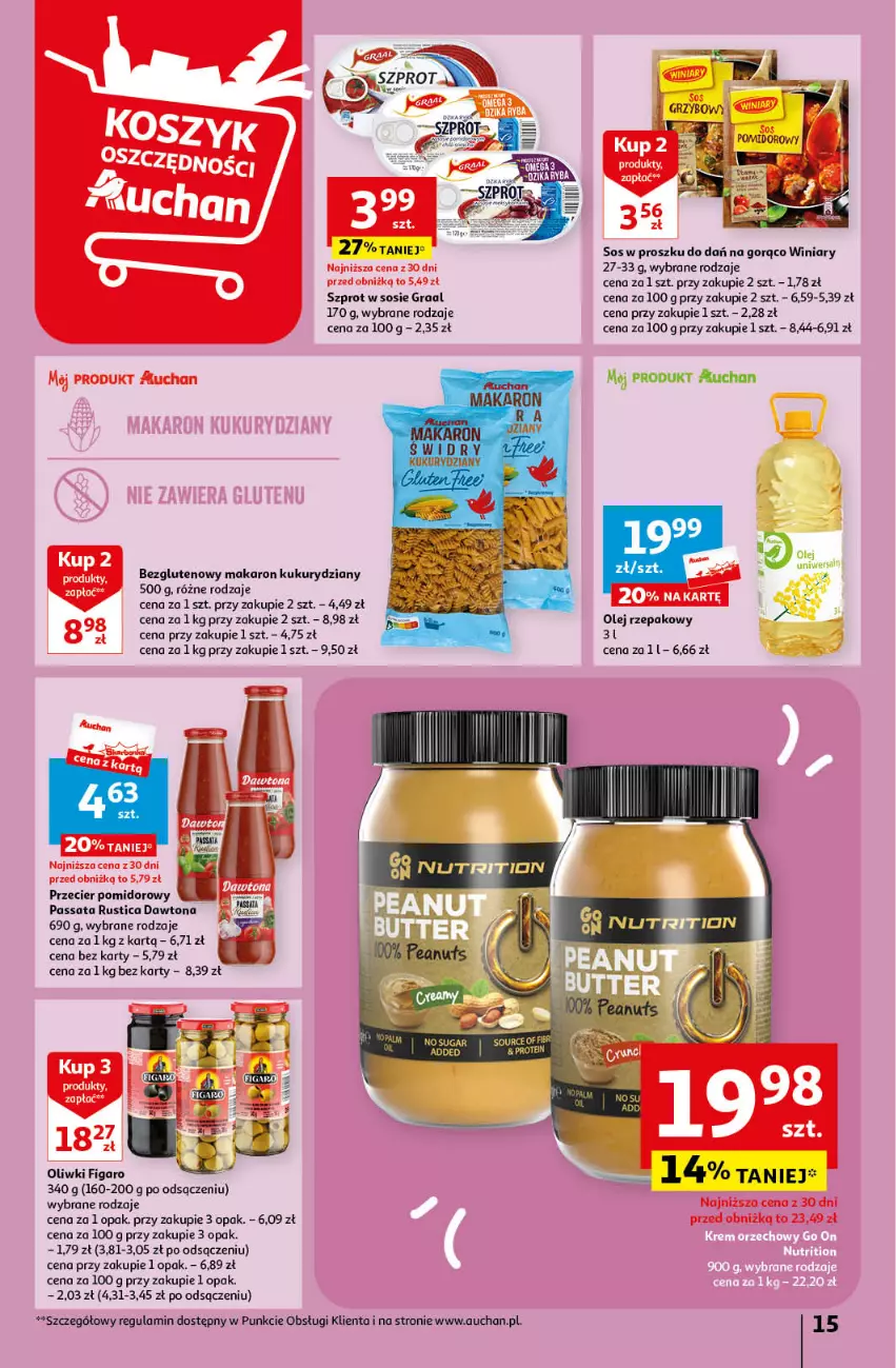 Gazetka promocyjna Auchan - Gazetka MAXI rewelacje! Hipermarket Auchan - ważna 14.09 do 20.09.2023 - strona 15 - produkty: Dawtona, Gra, Graal, Makaron, Olej, Olej rzepakowy, Oliwki, Rust, Sos, Szprot, Szprot w sosie, Winiary