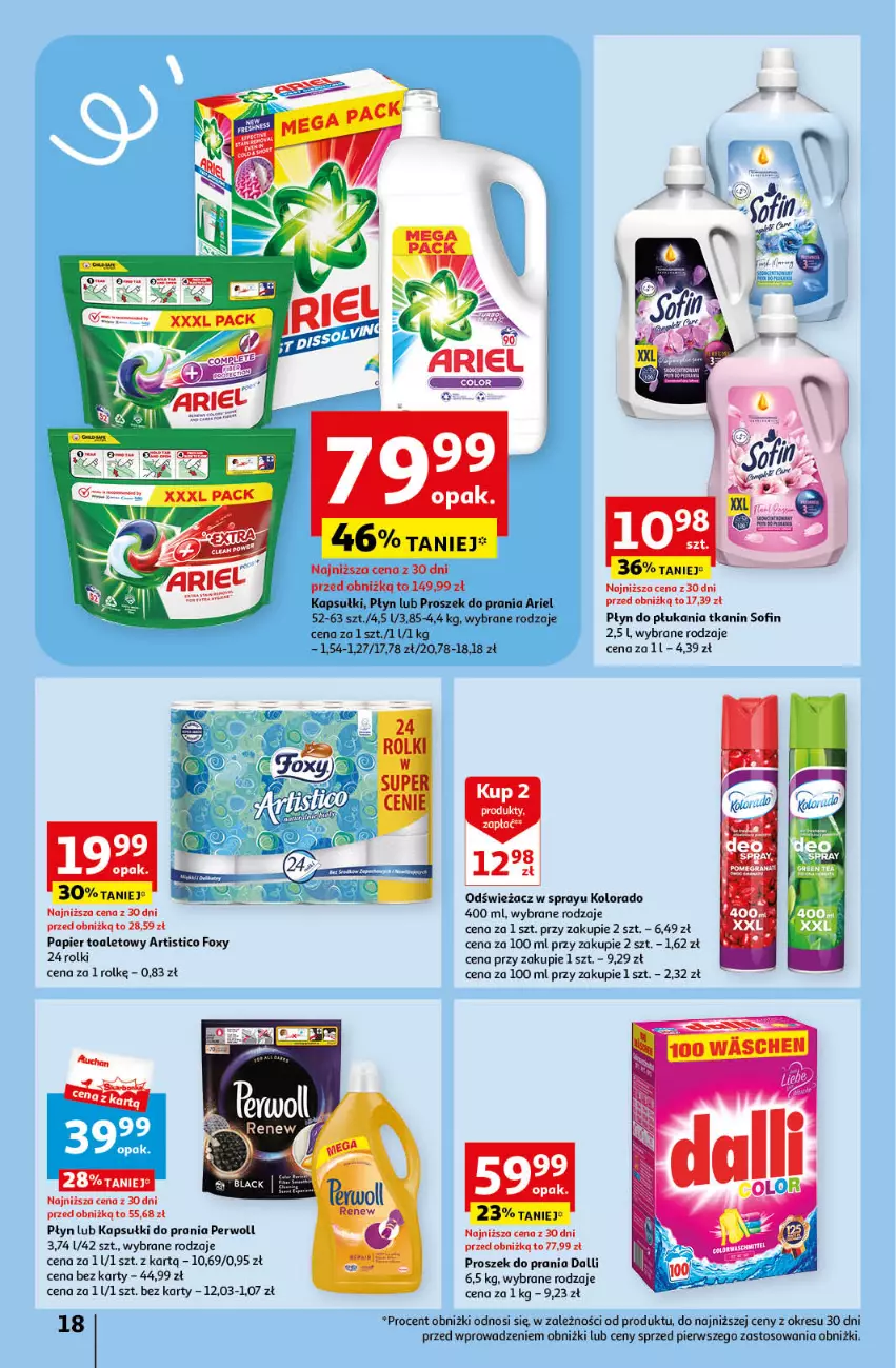 Gazetka promocyjna Auchan - Gazetka MAXI rewelacje! Hipermarket Auchan - ważna 14.09 do 20.09.2023 - strona 18 - produkty: Ariel, Foxy, Kapsułki do prania, Kolorado, Papier, Papier toaletowy, Perwoll, Płyn do płukania, Proszek do prania, Rolki