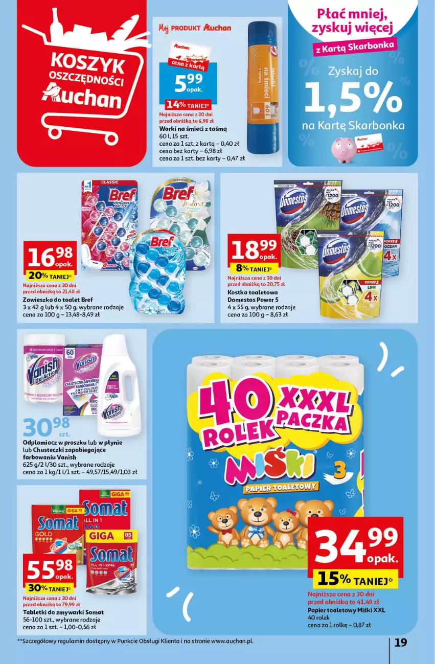 Gazetka promocyjna Auchan - Gazetka MAXI rewelacje! Hipermarket Auchan - ważna 14.09 do 20.09.2023 - strona 19 - produkty: Bref, Chusteczki, Domestos, Fa, Odplamiacz, Papier, Papier toaletowy, Somat, Tablet, Tabletki do zmywarki, Vanish, Worki na śmiec, Worki na śmieci, Zmywarki