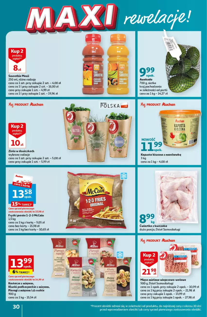 Gazetka promocyjna Auchan - Gazetka MAXI rewelacje! Hipermarket Auchan - ważna 14.09 do 20.09.2023 - strona 30 - produkty: Frytki, Karp, Kurczak, McCain, Mięso, Mięso mielone, Pierogi, Por, Siatka, Smoothie