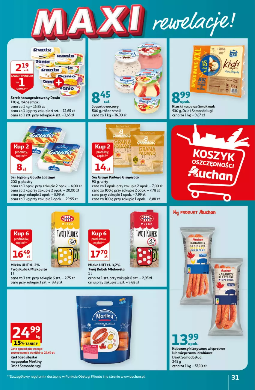 Gazetka promocyjna Auchan - Gazetka MAXI rewelacje! Hipermarket Auchan - ważna 14.09 do 20.09.2023 - strona 31 - produkty: Danio, Gouda, Gra, Jogurt, Jogurt owocowy, Kabanos, Kiełbasa, Kiełbasa śląska, Kluski na parze, Kubek, Mleko, Mlekovita, Morliny, Ser, Ser topiony, Serek, Serek homogenizowany, Top