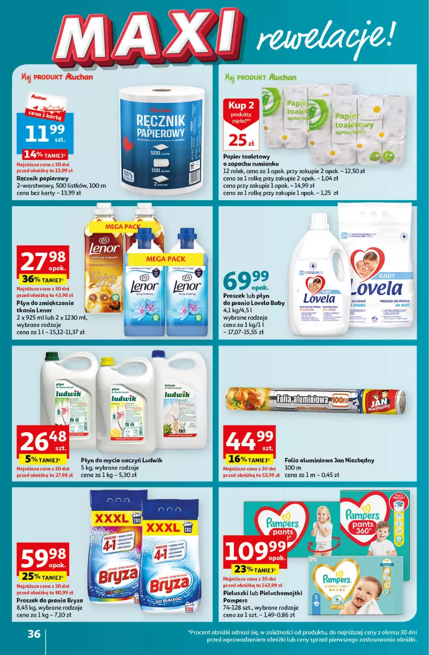 Gazetka promocyjna Auchan - Gazetka MAXI rewelacje! Hipermarket Auchan - ważna 14.09 do 20.09.2023 - strona 36 - produkty: Bryza, Do mycia naczyń, Folia aluminiowa, Jan Niezbędny, Lenor, Lovela, Ludwik, Majtki, Pampers, Papier, Pieluchomajtki, Płyn do mycia, Płyn do mycia naczyń, Por, Proszek do prania, Ręcznik, Rum