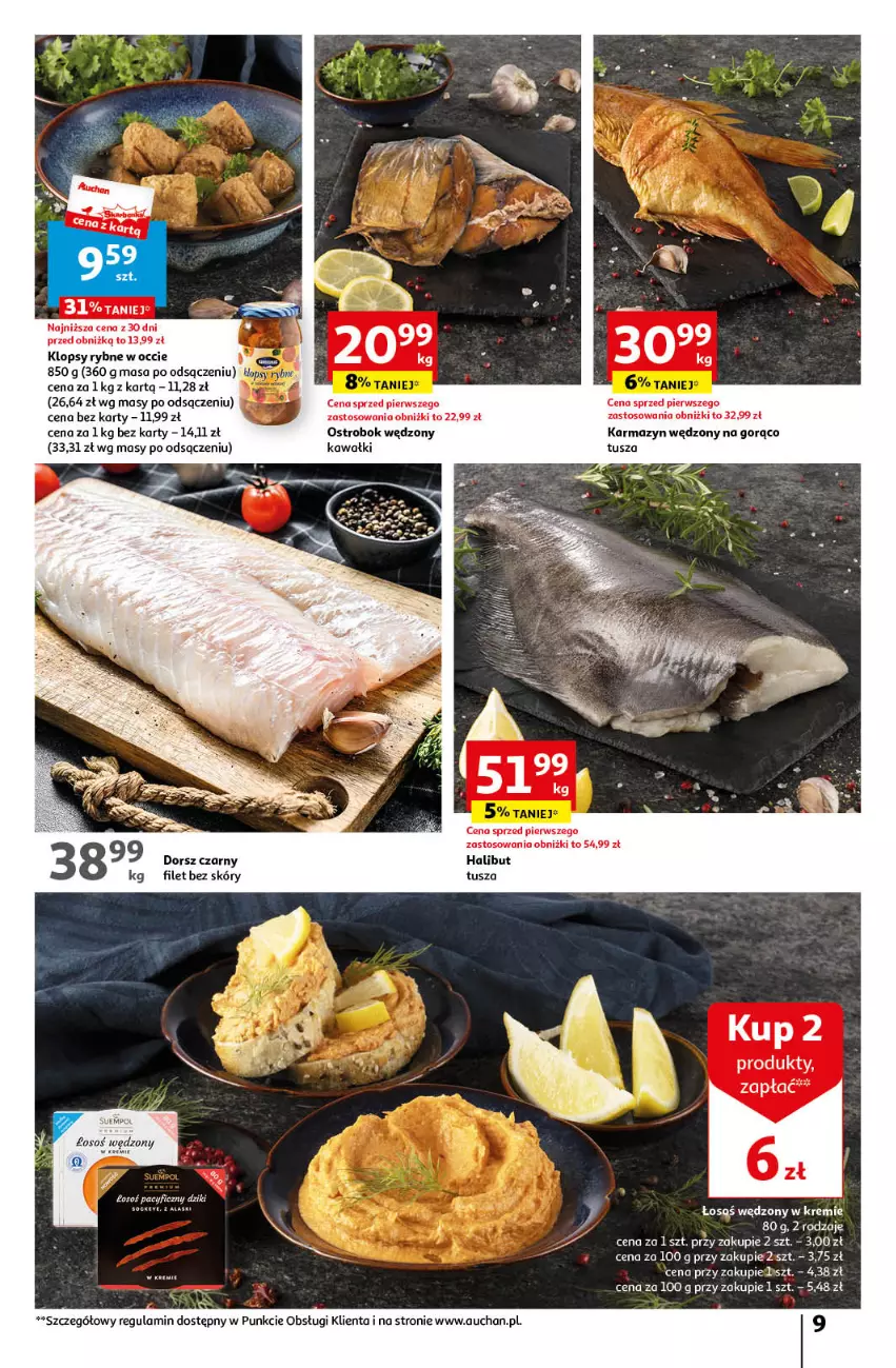 Gazetka promocyjna Auchan - Gazetka MAXI rewelacje! Hipermarket Auchan - ważna 14.09 do 20.09.2023 - strona 9 - produkty: Dorsz, Halibut, Karmazyn wędzony, Kawa, Suempol, Tusz