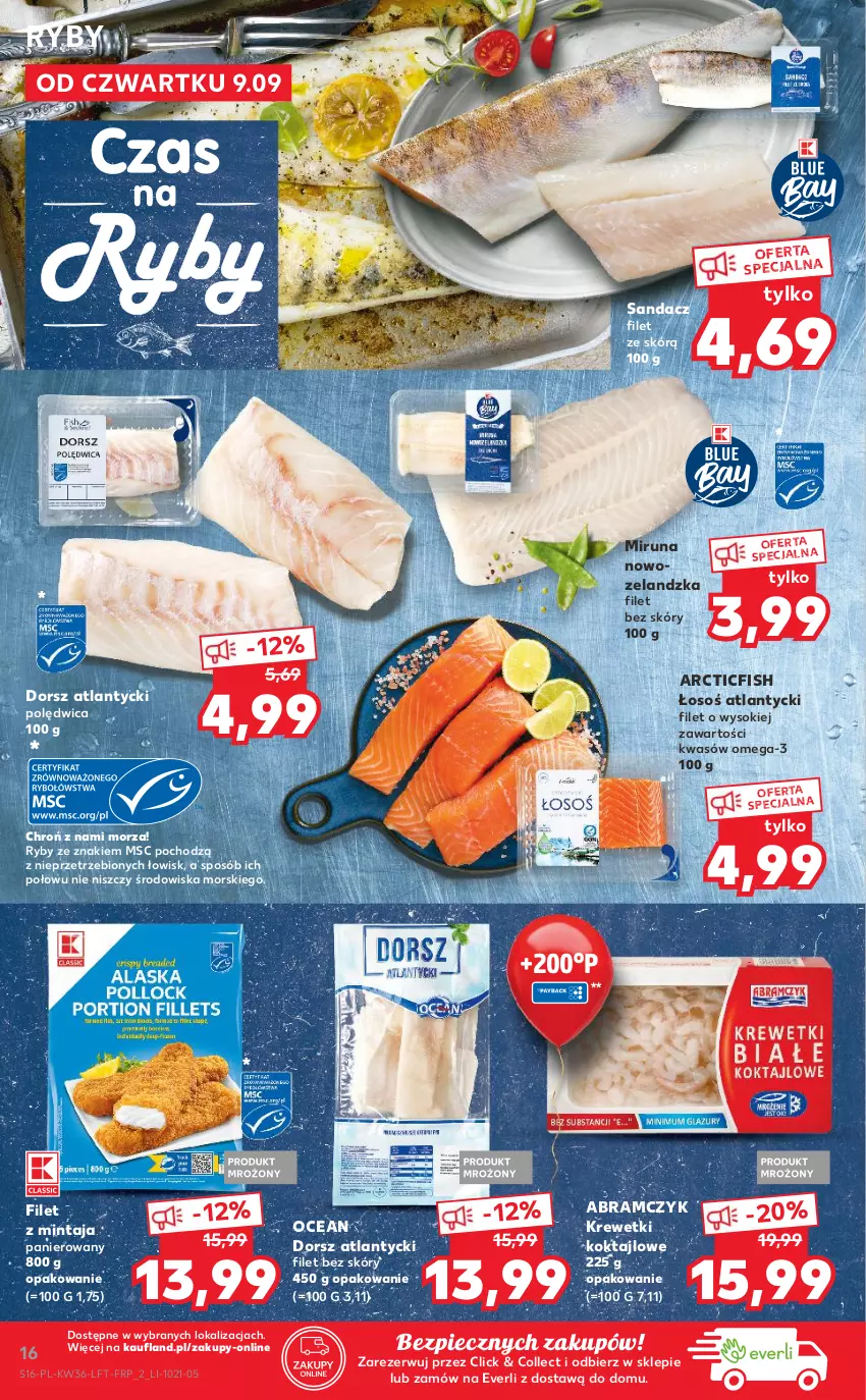 Gazetka promocyjna Kaufland - OFERTA TYGODNIA - ważna 09.09 do 15.09.2021 - strona 16 - produkty: Dorsz, Filet z mintaja, Krewetki, Mintaj, Miruna, Omega-3, Piec, Polędwica, Sandacz, Sandacz filet, Sok