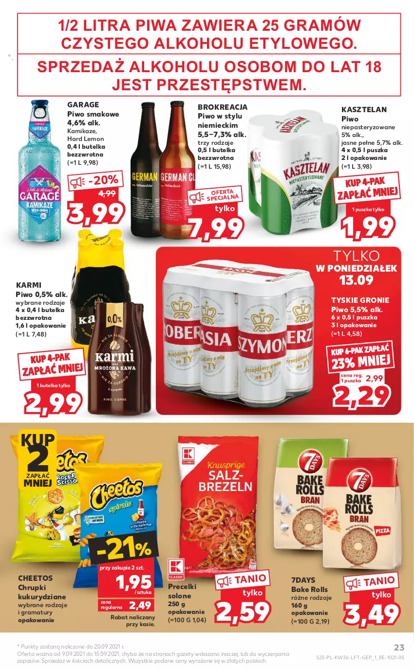 Gazetka promocyjna Kaufland - OFERTA TYGODNIA - ważna 09.09 do 15.09.2021 - strona 23 - produkty: Bake Rolls, Cheetos, Chrupki, Gra, Karmi, Kasztelan, Piwa, Piwo, Precelki, Rama, Tyskie