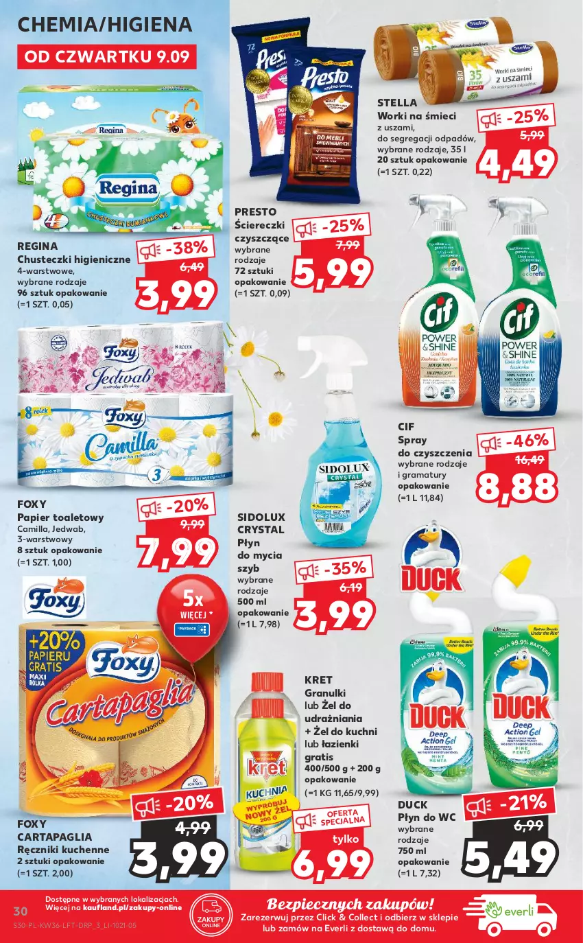 Gazetka promocyjna Kaufland - OFERTA TYGODNIA - ważna 09.09 do 15.09.2021 - strona 30 - produkty: Chusteczki, Cif, Duck, Foxy, Gin, Gra, Kret, Papier, Papier toaletowy, Piec, Płyn do mycia, Płyn do wc, Presto, Rama, Ręcznik, Sidolux, Spray do czyszczenia, Worki na śmiec, Worki na śmieci