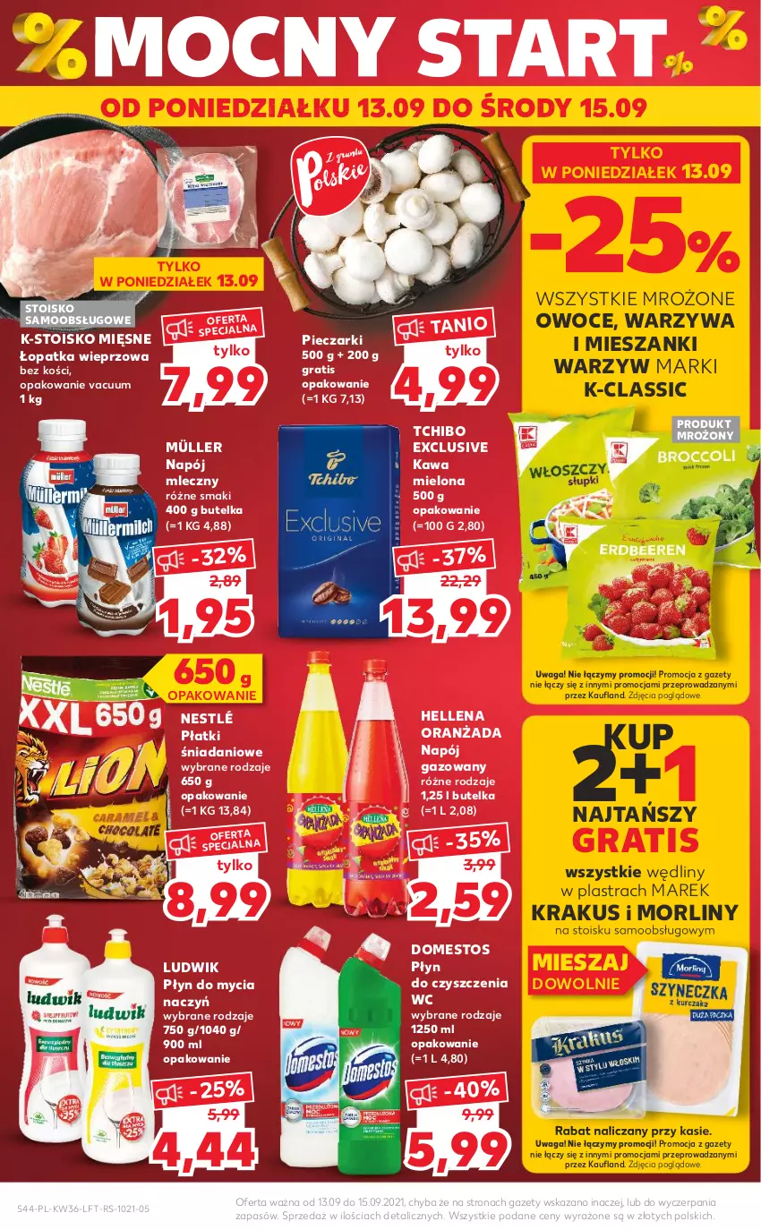 Gazetka promocyjna Kaufland - OFERTA TYGODNIA - ważna 09.09 do 15.09.2021 - strona 44 - produkty: Danio, Do mycia naczyń, Domestos, Gra, Hellena, Kawa, Kawa mielona, Krakus, Ludwik, Morliny, Müller, Napój, Napój gazowany, Napój mleczny, Nestlé, Oranżada, Owoce, Piec, Płyn do czyszczenia wc, Płyn do mycia, Płyn do mycia naczyń, Tchibo, Waga, Warzywa