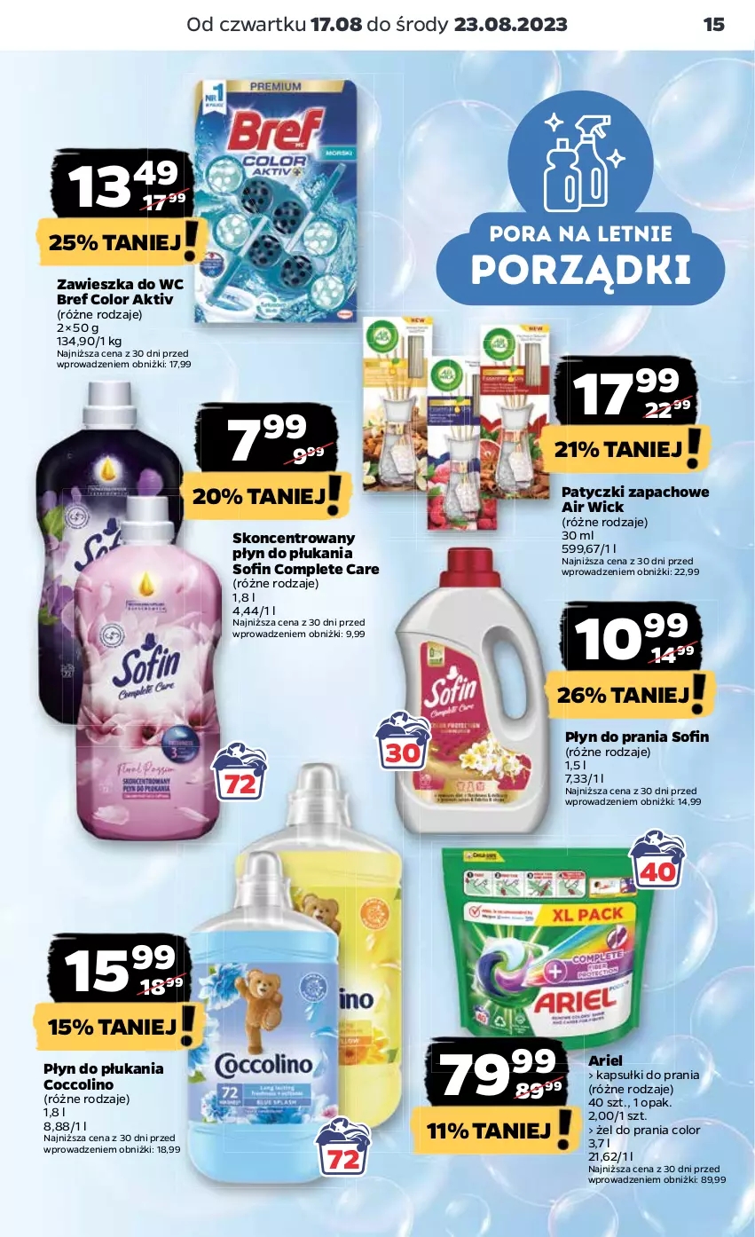 Gazetka promocyjna Netto - Artykuły spożywcze - ważna 17.08 do 23.08.2023 - strona 15 - produkty: Air Wick, Ariel, Bref, Coccolino, Kapsułki do prania, Płyn do płukania, Płyn do prania, Por, Zawieszka do wc