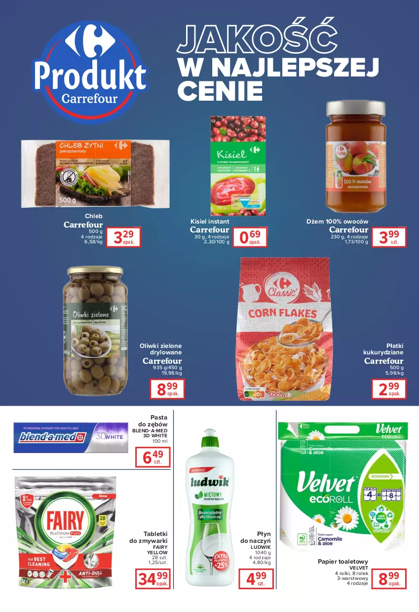 Gazetka promocyjna Carrefour - Gazetka Express - ważna 25.01 do 31.01.2022 - strona 4 - produkty: Blend-a-Med, Chleb, Dżem, Fa, Fairy, Kisiel, Ludwik, Oliwki, Oliwki zielone, Papier, Papier toaletowy, Pasta do zębów, Rolki, Tablet, Tabletki do zmywarki, Velvet, Zmywarki