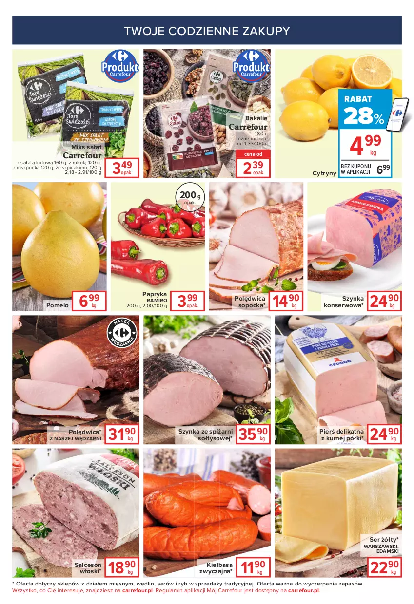 Gazetka promocyjna Carrefour - Gazetka Express - ważna 25.01 do 31.01.2022 - strona 5 - produkty: Cytryny, Edam, Kiełbasa, Papryka, Polędwica, Pomelo, Sałat, Salceson, Ser, Szpinak, Szynka, Szynka konserwowa