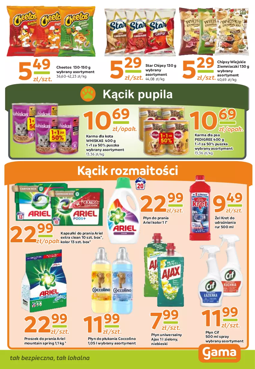 Gazetka promocyjna Gama - Gazetka Gama - ważna 11.09.2023 do 31.08.2024 - strona 9 - produkty: Ajax, Ariel, Cheetos, Chipsy, Cif, Coccolino, Kapsułki do prania, Kret, Pedigree, Piec, Płyn do płukania, Płyn do prania, Proszek do prania, Whiskas