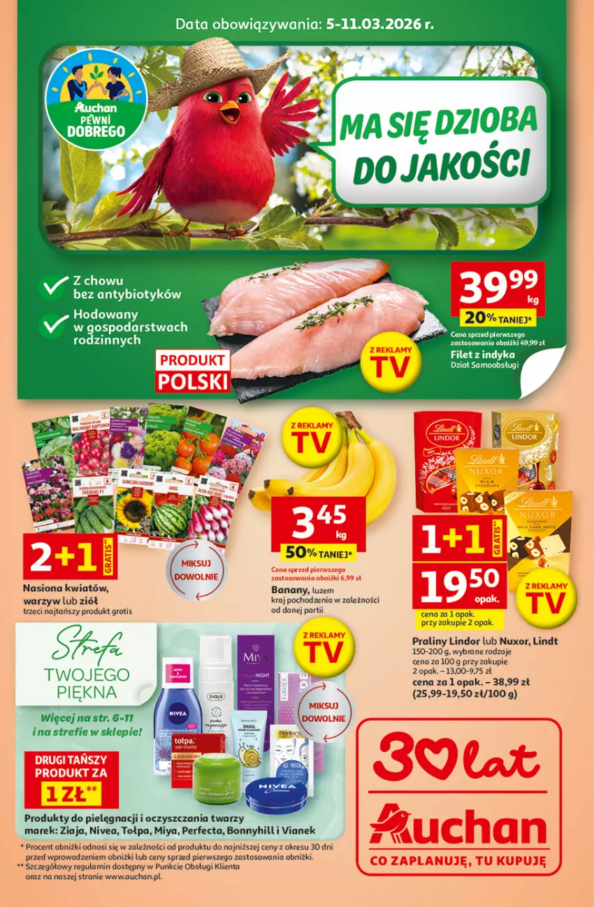 Gazetka promocyjna Auchan - Gazetka 30 Lat Hipermarket Auchan - ważna 05.03 do 11.03.2026 - strona 1 - produkty: Banany, Gra, Lindor, Lindt, Nivea, Perfecta, Praliny, Tołpa, Ziaja