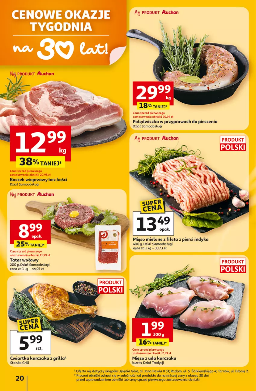 Gazetka promocyjna Auchan - Gazetka 30 Lat Hipermarket Auchan - ważna 05.03 do 11.03.2026 - strona 20 - produkty: Boczek, Boczek wieprzowy, Grill, Kurczak, Mięso, Mięso mielone, Mięso z uda kurczaka, Piec, Tatar wołowy