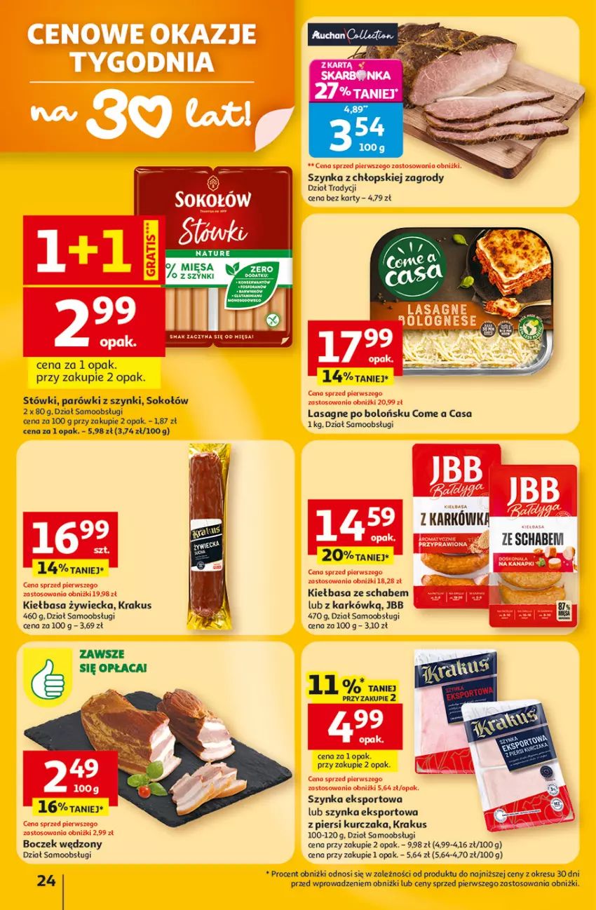 Gazetka promocyjna Auchan - Gazetka 30 Lat Hipermarket Auchan - ważna 05.03 do 11.03.2026 - strona 24 - produkty: Boczek, Fa, Kiełbasa, Krakus, Kurczak, Lasagne, Parówki, Parówki z szynki, Por, Sok, Sokołów, Sport, Szynka