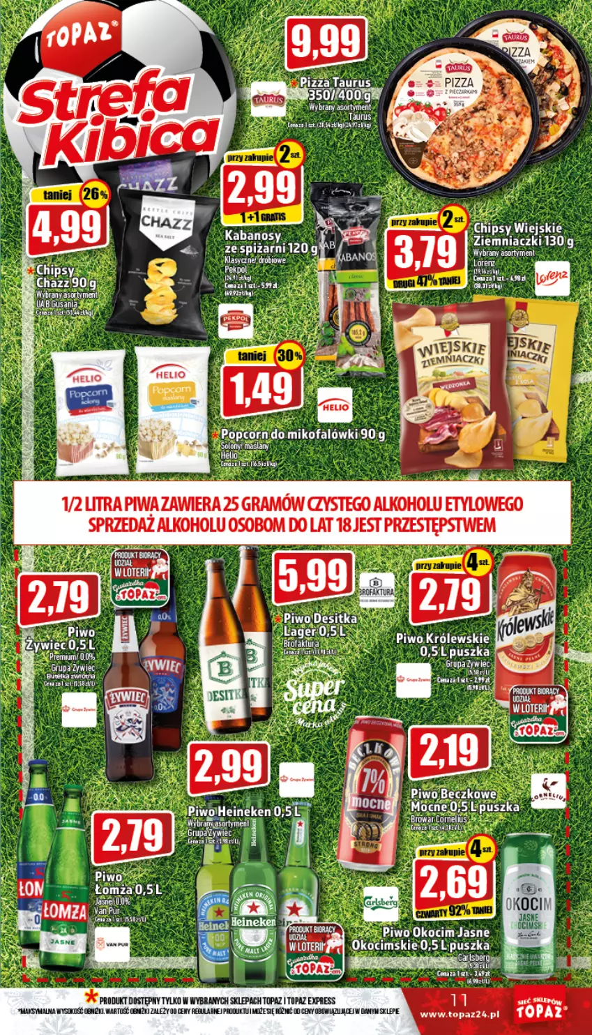 Gazetka promocyjna Topaz - Gazetka - ważna 01.12 do 07.12.2022 - strona 11 - produkty: Carlsberg, Chipsy, Fa, Gra, Heineken, Kabanos, Koc, Lorenz, Okocim, Piwa, Piwo, Popcorn, STP, Top