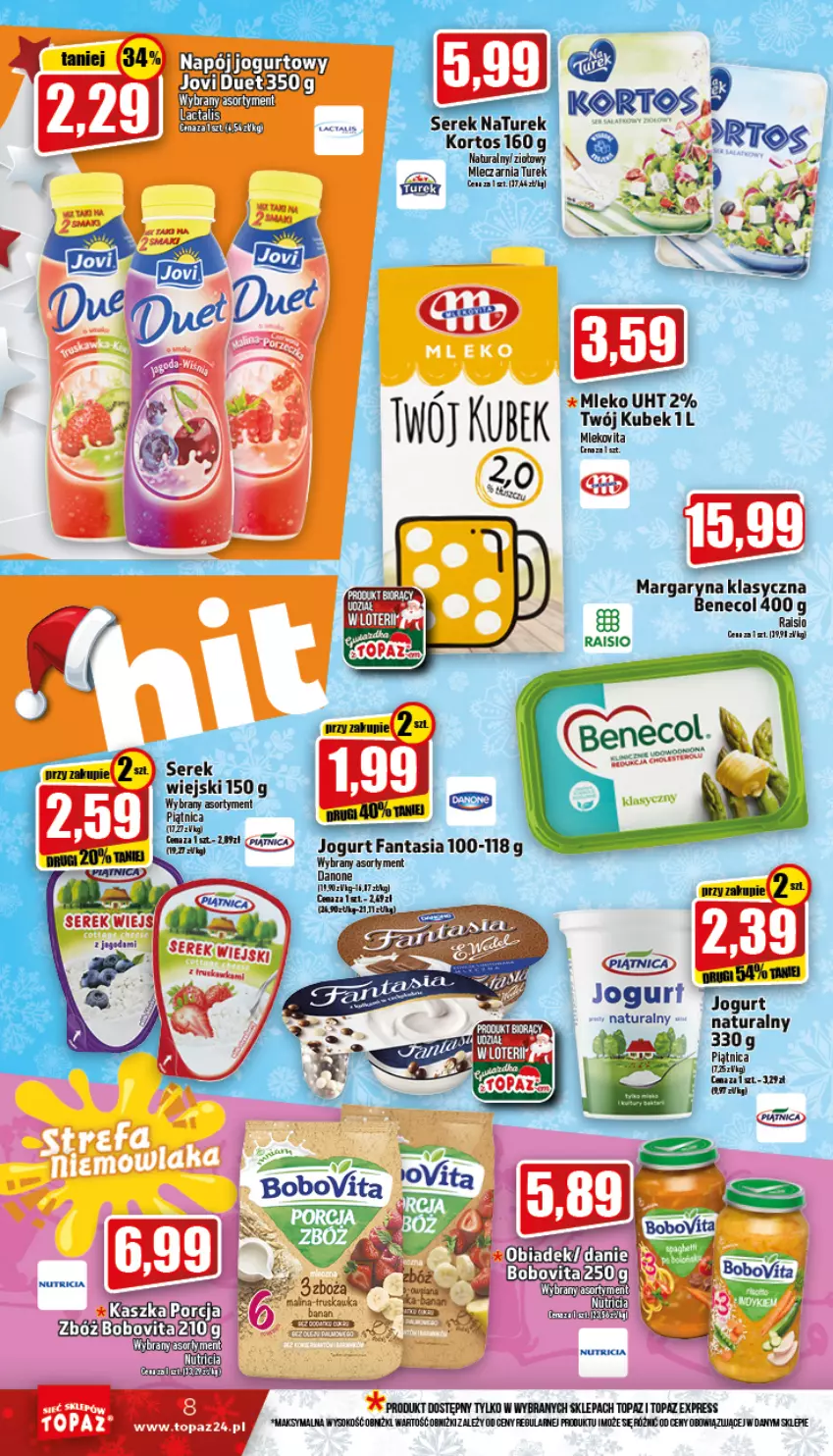 Gazetka promocyjna Topaz - Gazetka - ważna 01.12 do 07.12.2022 - strona 8 - produkty: Benecol, BoboVita, Danone, Fa, Fanta, Jogurt, Jogurt naturalny, Kubek, Margaryna, NaTurek, Noż, Piątnica, Ser, Serek, Serek wiejski, Sok, Top