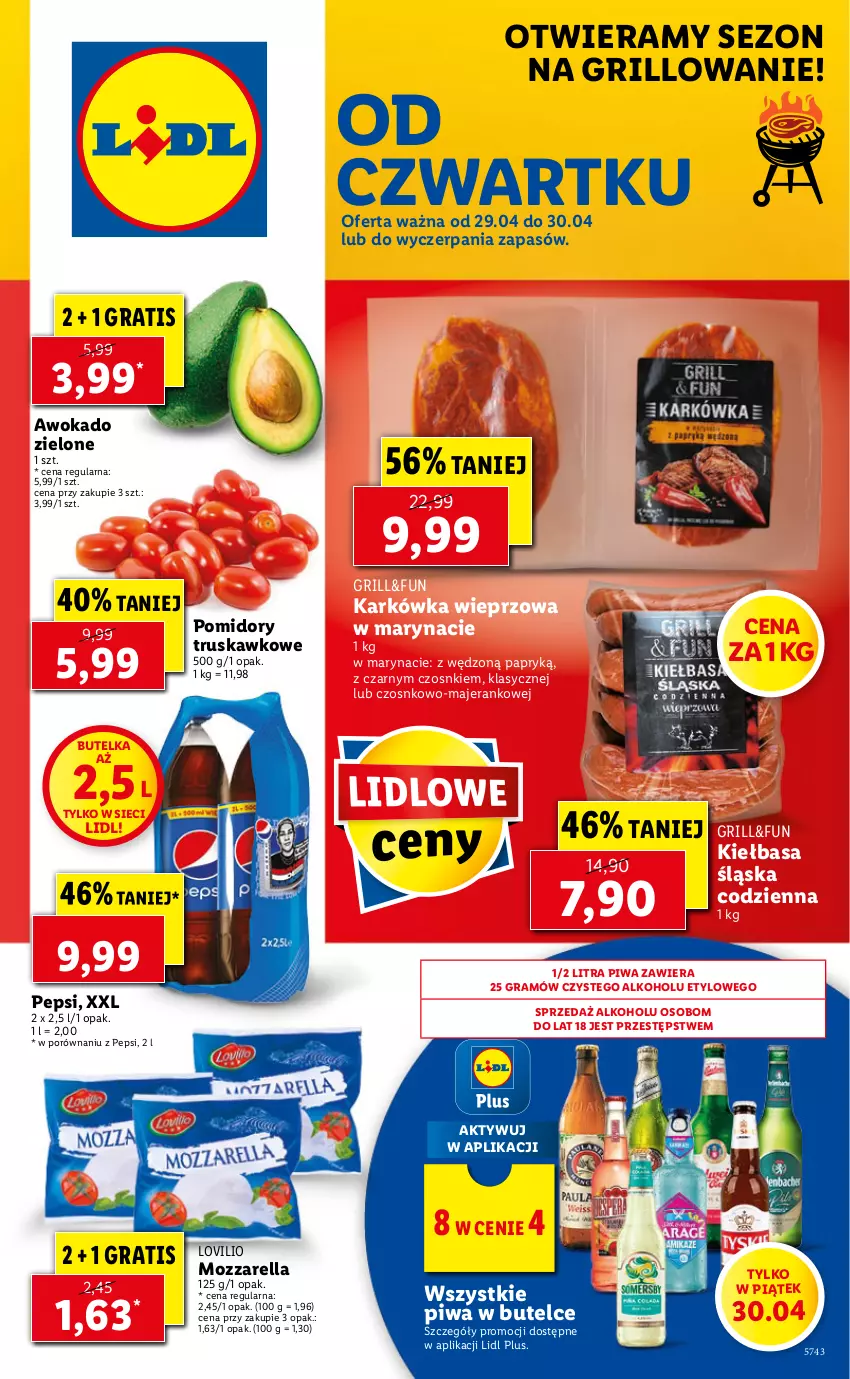 Gazetka promocyjna Lidl - GAZETKA - ważna 29.04 do 30.04.2021 - strona 1 - produkty: Gra, Grill, Karkówka wieprzowa, Kiełbasa, Kiełbasa śląska, Lovi, Mozzarella, Pepsi, Piwa, Pomidory, Por