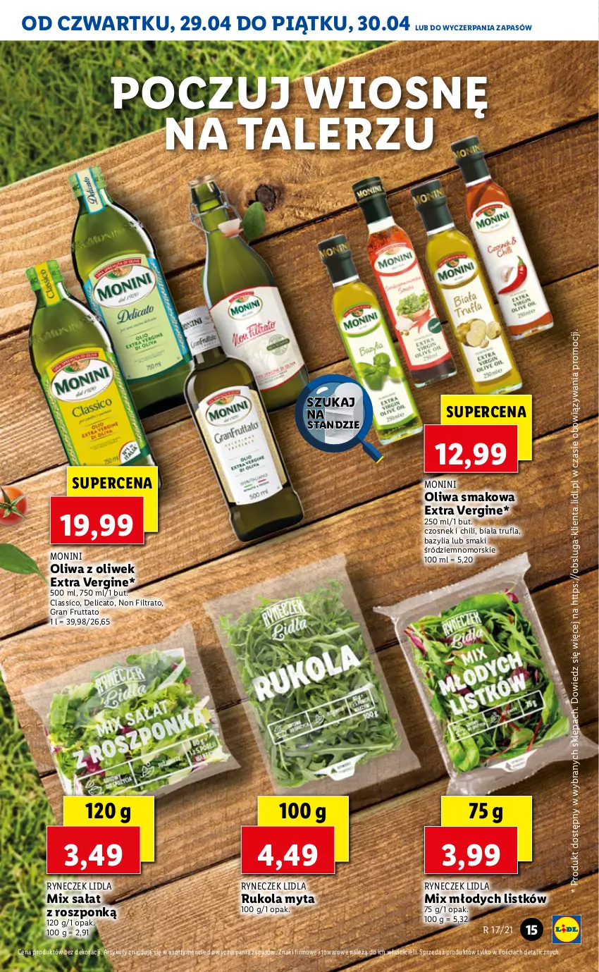 Gazetka promocyjna Lidl - GAZETKA - ważna 29.04 do 30.04.2021 - strona 15 - produkty: Bazyl, Bazylia, Czosnek, Gin, Gra, Monini, Oliwa z oliwek, Rukola, Sałat, Talerz