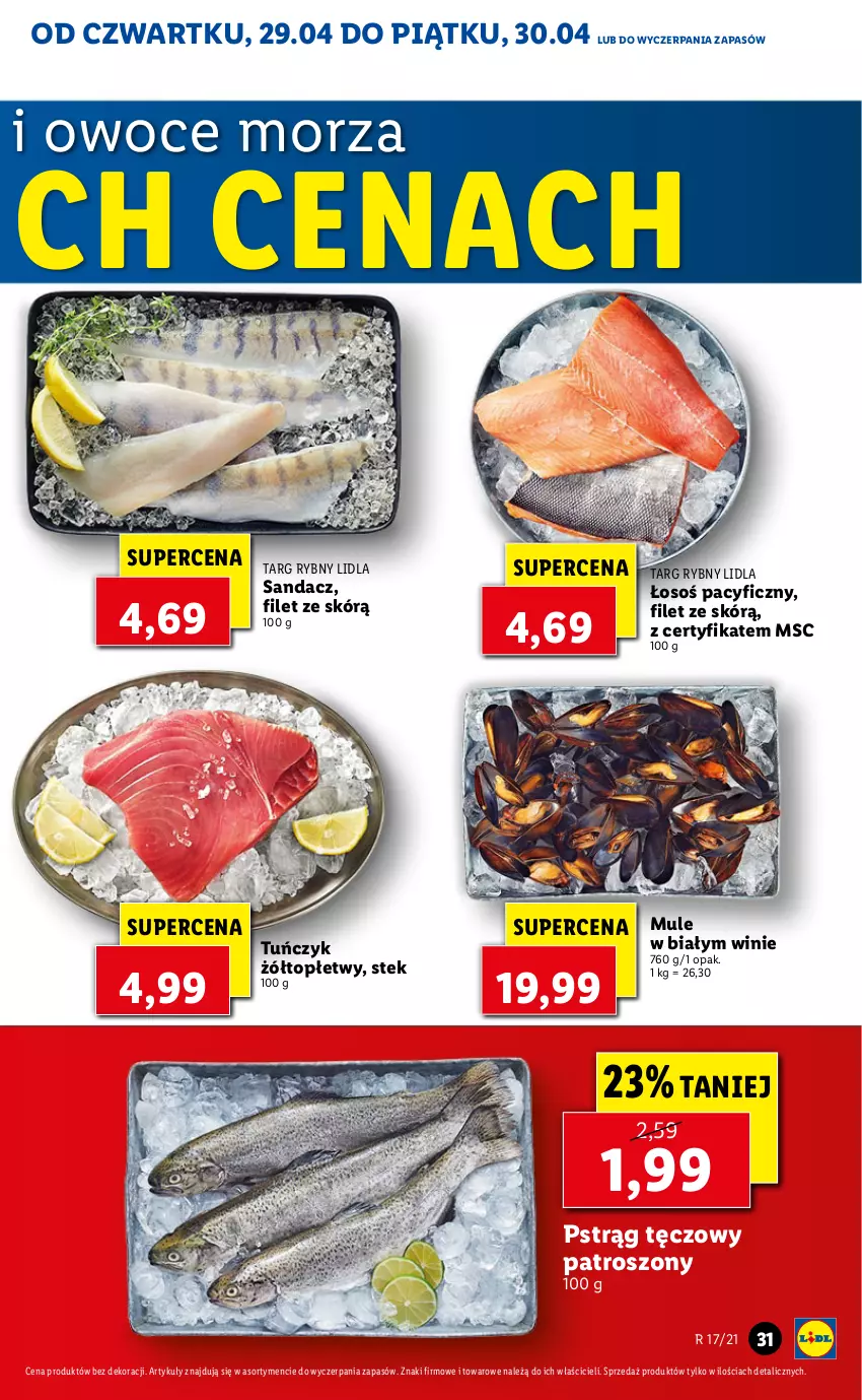 Gazetka promocyjna Lidl - GAZETKA - ważna 29.04 do 30.04.2021 - strona 31 - produkty: Mule, Owoce, Owoce morza, Pstrąg, Pstrąg tęczowy, Sandacz, Stek, Top, Tuńczyk