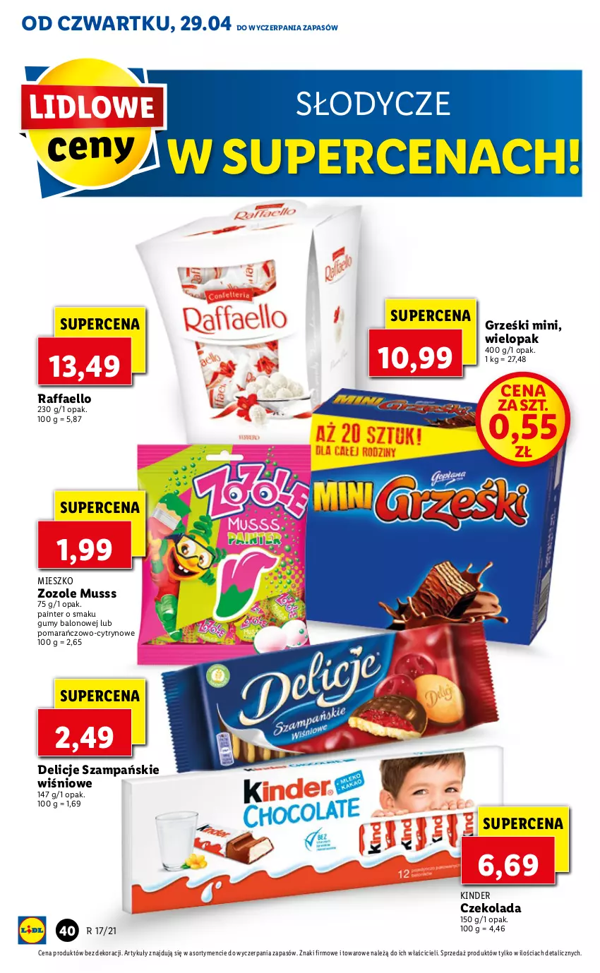 Gazetka promocyjna Lidl - GAZETKA - ważna 29.04 do 30.04.2021 - strona 40 - produkty: Czekolada, Delicje, Fa, Grześki, Kinder, Mus, Raffaello