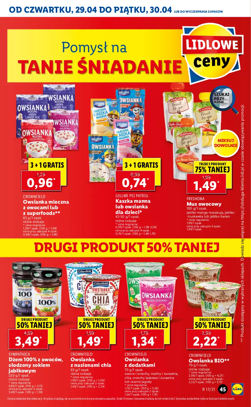 Gazetka promocyjna Lidl - GAZETKA - ważna 29.04 do 30.04.2021 - strona 45 - produkty: Chia, Dżem, Dzieci, Gra, Jagody, Maliny, Mango, Mus, Owoce, Owsianka, Psi Patrol, Sok