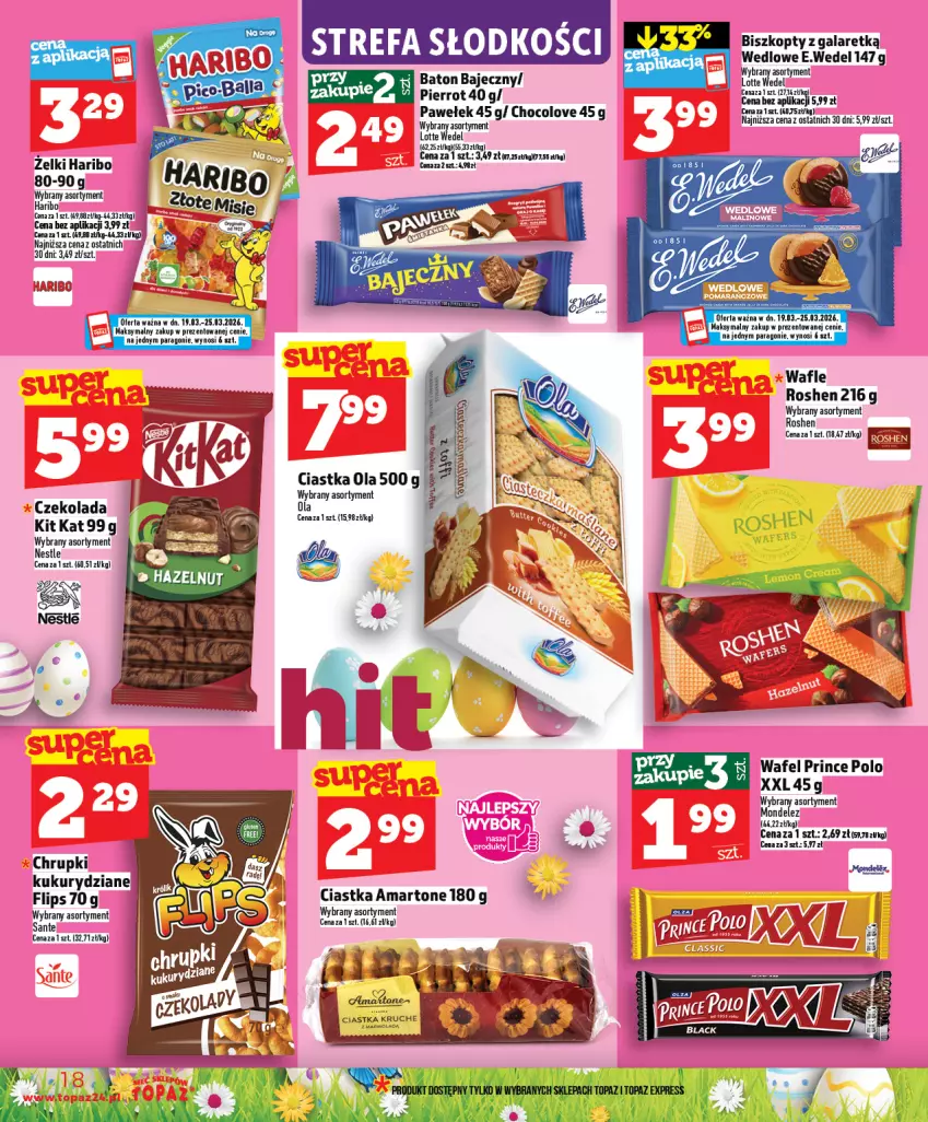 Gazetka promocyjna Topaz - Gazetka - ważna 19.03 do 25.03.2026 - strona 18 - produkty: Baton, Biszkopty, Chrupki, Ciastka, Czekolada, Gala, Haribo, Kit Kat, Prince Polo, Sante