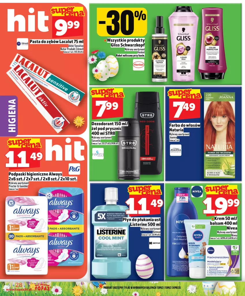 Gazetka promocyjna Topaz - Gazetka - ważna 19.03 do 25.03.2026 - strona 28 - produkty: Fa, Farba do włosów, Joanna, Listerine, Olej, Płyn do płukania, Schwarzkopf