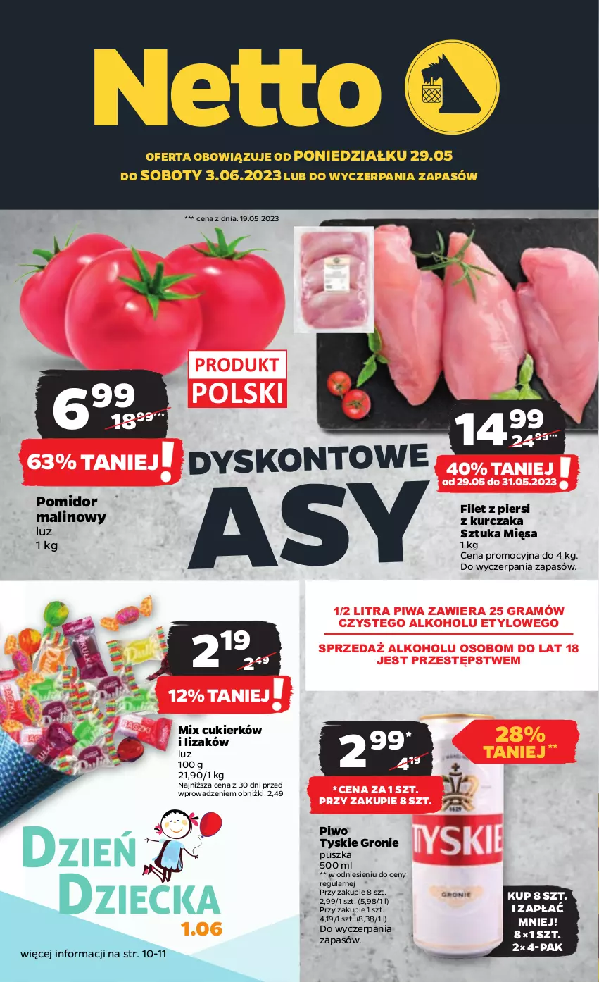 Gazetka promocyjna Netto - Artykuły spożywcze - ważna 29.05 do 03.06.2023 - strona 1 - produkty: Cukier, Gra, Kawa, Kawa mielona, Kurczak, Piwa, Piwo, Pomidor malinowy, Siatka, Tyskie