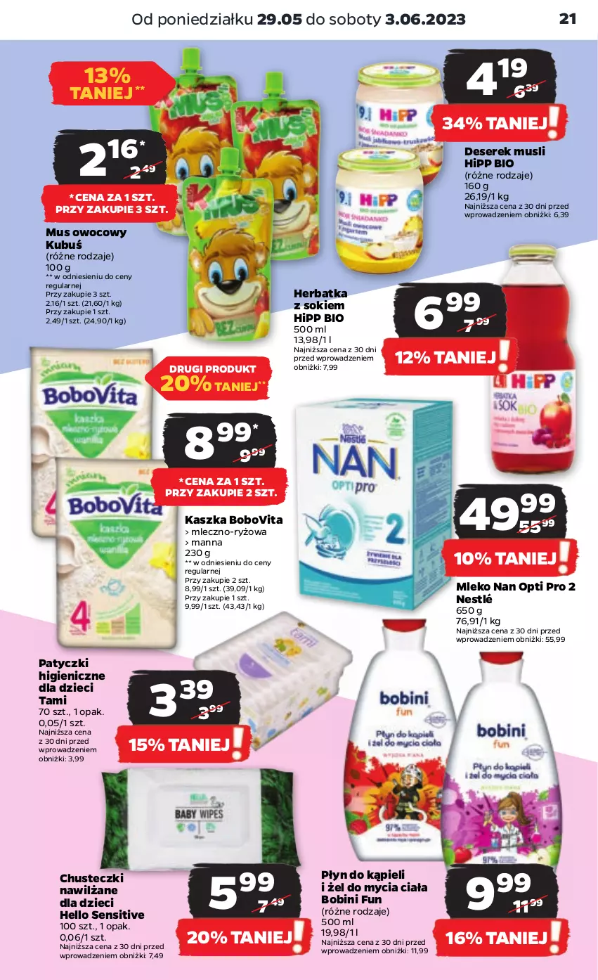 Gazetka promocyjna Netto - Artykuły spożywcze - ważna 29.05 do 03.06.2023 - strona 21 - produkty: BoboVita, Chusteczki, Deser, Dzieci, HiPP, Hipp Bio, Kubuś, Mleko, Mus, Nestlé, Płyn do kąpieli, Ryż, Ser, Serek, Sok