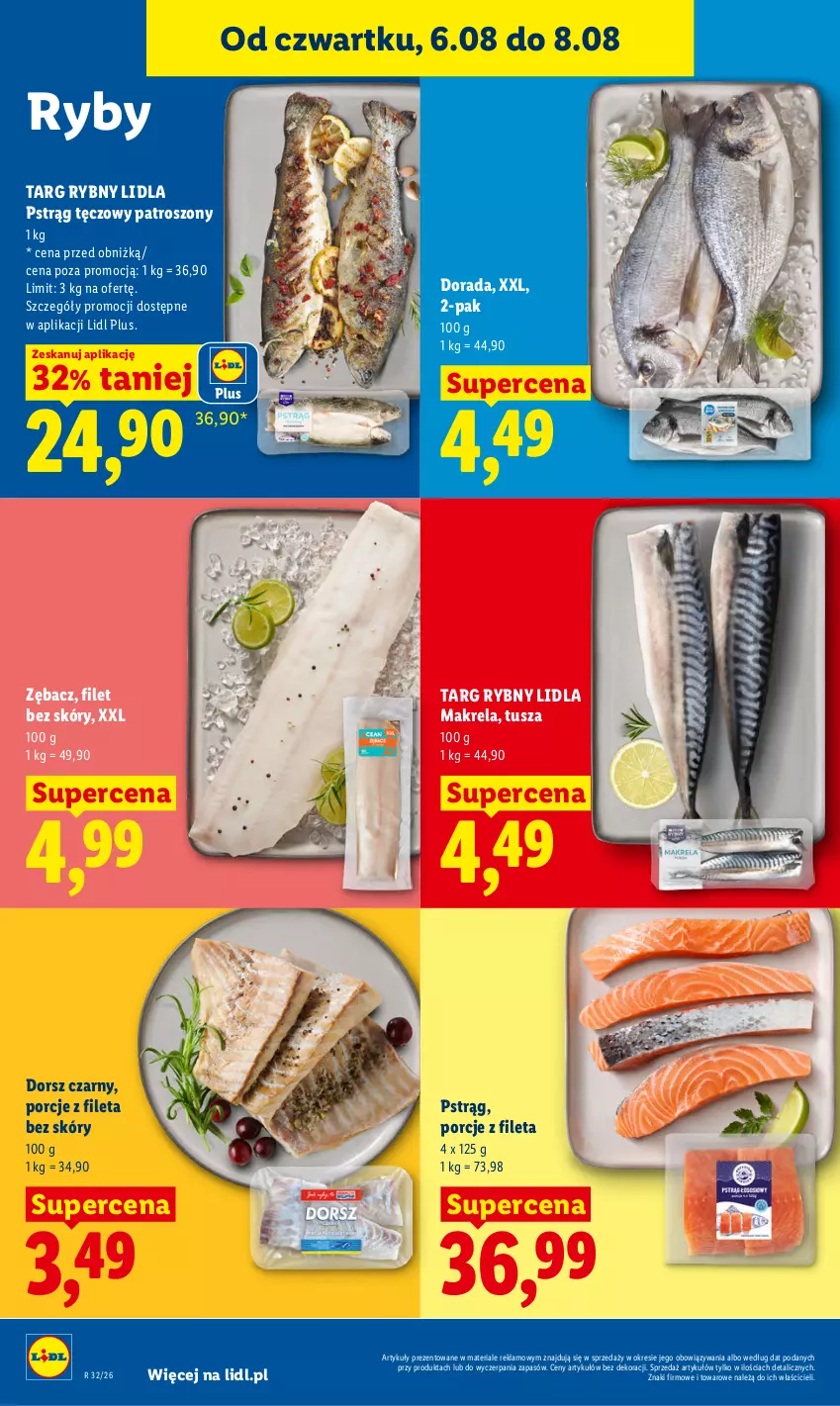 Gazetka promocyjna Lidl - Gazetka ważna od 6.08 do 8.08 - ważna 06.08 do 08.08.2026 - strona 64 - produkty: Dorsz, Por, Pstrąg, Pstrąg tęczowy, Tusz