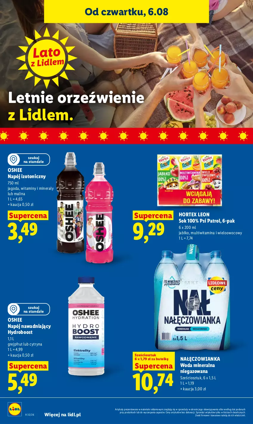 Gazetka promocyjna Lidl - Gazetka ważna od 6.08 do 8.08 - ważna 06.08 do 08.08.2026 - strona 68 - produkty: Grejpfrut, Hortex, Leon, Nałęczowianka, Napój, Napój izotoniczny, Oshee, Psi Patrol, Sok, Woda, Woda mineralna