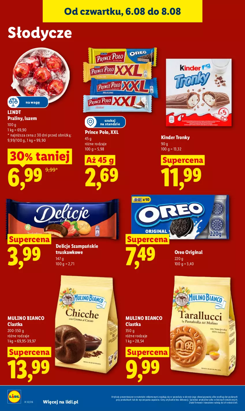 Gazetka promocyjna Lidl - Gazetka ważna od 6.08 do 8.08 - ważna 06.08 do 08.08.2026 - strona 78 - produkty: Ciastka, Delicje, Gin, Kinder, Lindt, Oreo, Praliny, Prince Polo