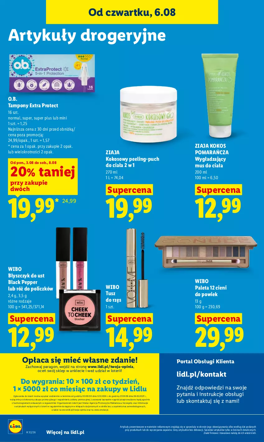 Gazetka promocyjna Lidl - Gazetka ważna od 6.08 do 8.08 - ważna 06.08 do 08.08.2026 - strona 84 - produkty: Błyszczyk do ust, Gra, Kokos, Lack, Laur, Mola, Mus, O.B., Paleta, Peeling, Por, Portal, Róż do policzków, Tampony, Tusz, Wibo, Ziaja