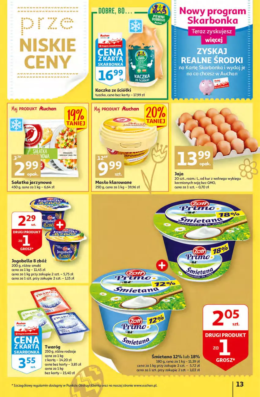 Gazetka promocyjna Auchan - przeNISKIE CENY Targi Wielkanocne Hipermarkety - ważna 31.03 do 06.04.2022 - strona 13 - produkty: Bell, Bella, Gra, Jaja, Jogobella, Kaczka, Karmi, Masło, Masło klarowane, Sałat, Sałatka, Tera, Top, Tusz, Twaróg