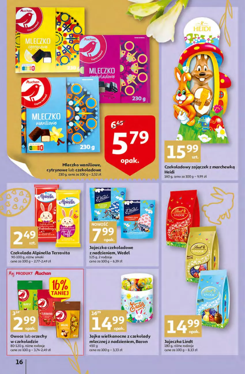 Gazetka promocyjna Auchan - przeNISKIE CENY Targi Wielkanocne Hipermarkety - ważna 31.03 do 06.04.2022 - strona 16 - produkty: Czekolada, Lindt, Mleczko, Orzechy w czekoladzie, Owoce