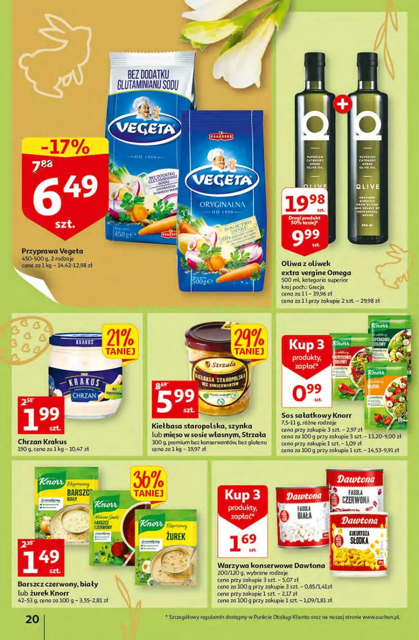 Gazetka promocyjna Auchan - przeNISKIE CENY Targi Wielkanocne Hipermarkety - ważna 31.03 do 06.04.2022 - strona 20 - produkty: Chrzan, Dawtona, Gin, Kiełbasa, Knorr, Krakus, Mięso, Mięso w sosie, Oliwa z oliwek, Ser, Sos, Szynka, Vegeta, Warzywa