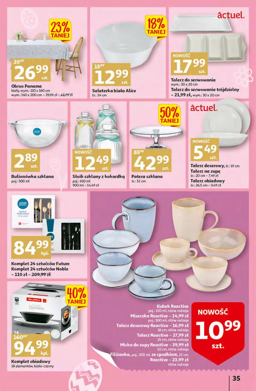 Gazetka promocyjna Auchan - przeNISKIE CENY Targi Wielkanocne Hipermarkety - ważna 31.03 do 06.04.2022 - strona 35 - produkty: Bulion, Deser, Komplet obiadowy, LANA, Lion, Miseczka, Miska, Obrus, Pur, Salaterka, Ser, Talerz, Talerz deserowy, Talerz obiadowy, Tera