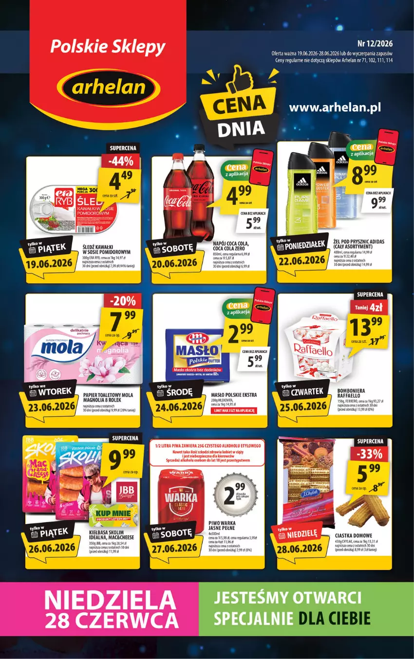 Gazetka promocyjna Arhelan - Gazetka - ważna 19.06 do 28.06.2026 - strona 1 - produkty: Adidas, Bomboniera, Ciastka, Era Ryb, Fa, Kawa, Kiełbasa, Masło, Mola, Napój, Papier, Papier toaletowy, Piec, Piwa, Piwo, Raffaello, Tera, Warka