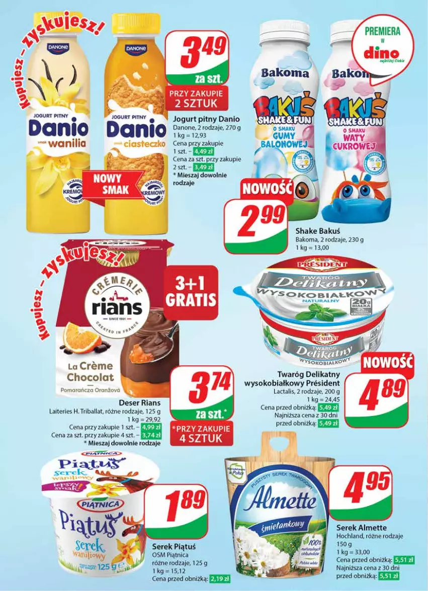 Gazetka promocyjna Dino - Gazetka 18 / 2024 - ważna 02.05 do 07.05.2024 - strona 38 - produkty: Almette, Bakoma, Danio, Danone, Deser, Hochland, Jogurt, Jogurt pitny, Ser, Serek, Sok, Twaróg, Twaróg delikatny