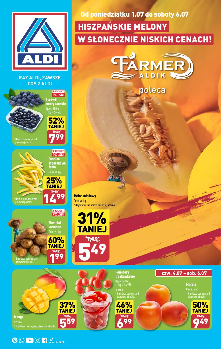 Gazetka promocyjna Aldi - Farmer ALDIK poleca świeże owoce i warzywa - ważna 01.07 do 06.07.2024 - strona 1 - produkty: Fa, Mango, Melon, Pomidory, Ziemniaki