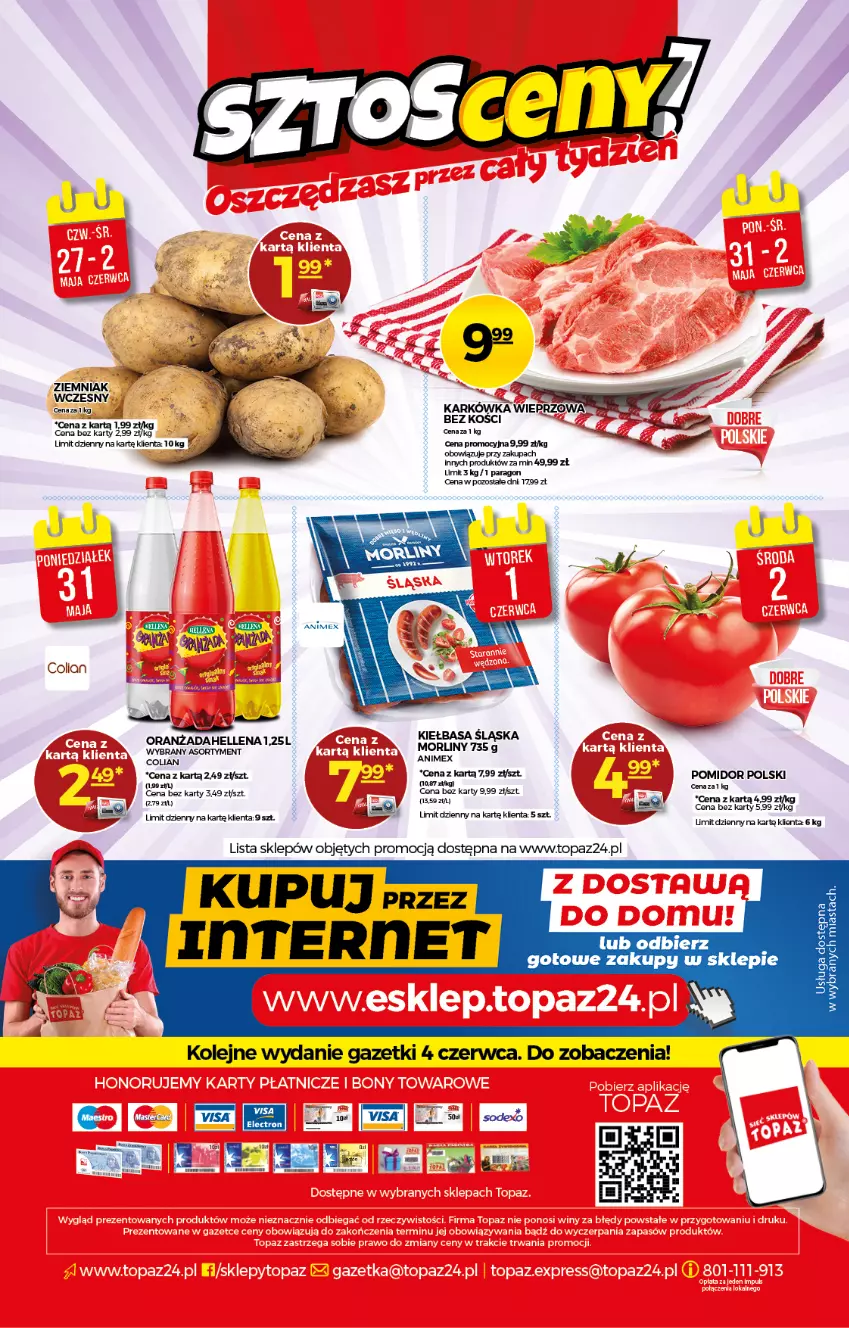 Gazetka promocyjna Topaz - Gazetka - ważna 27.05 do 02.06.2021 - strona 20 - produkty: Hellena, Karkówka wieprzowa, Kiełbasa, Kiełbasa śląska, Morliny, Mus, Olej, Oranżada, Top