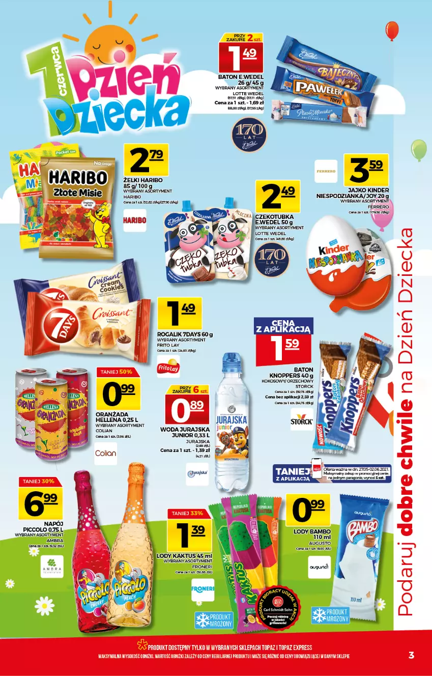 Gazetka promocyjna Topaz - Gazetka - ważna 27.05 do 02.06.2021 - strona 3 - produkty: Baton, Ferrero, Haribo, Hellena, Kaktus, Kinder, Knoppers, Kokos, Lody, Oranżada, Rogal, Woda