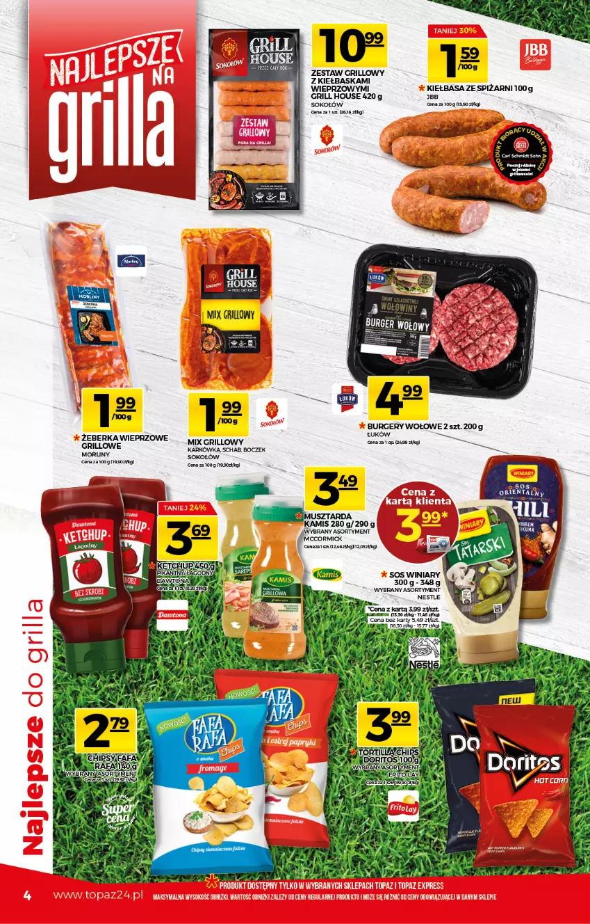 Gazetka promocyjna Topaz - Gazetka - ważna 27.05 do 02.06.2021 - strona 4 - produkty: Boczek, Dawtona, Grill, Kamis, Ketchup, Kiełbasa, Morliny, Mus, Musztarda, Sok, Sokołów