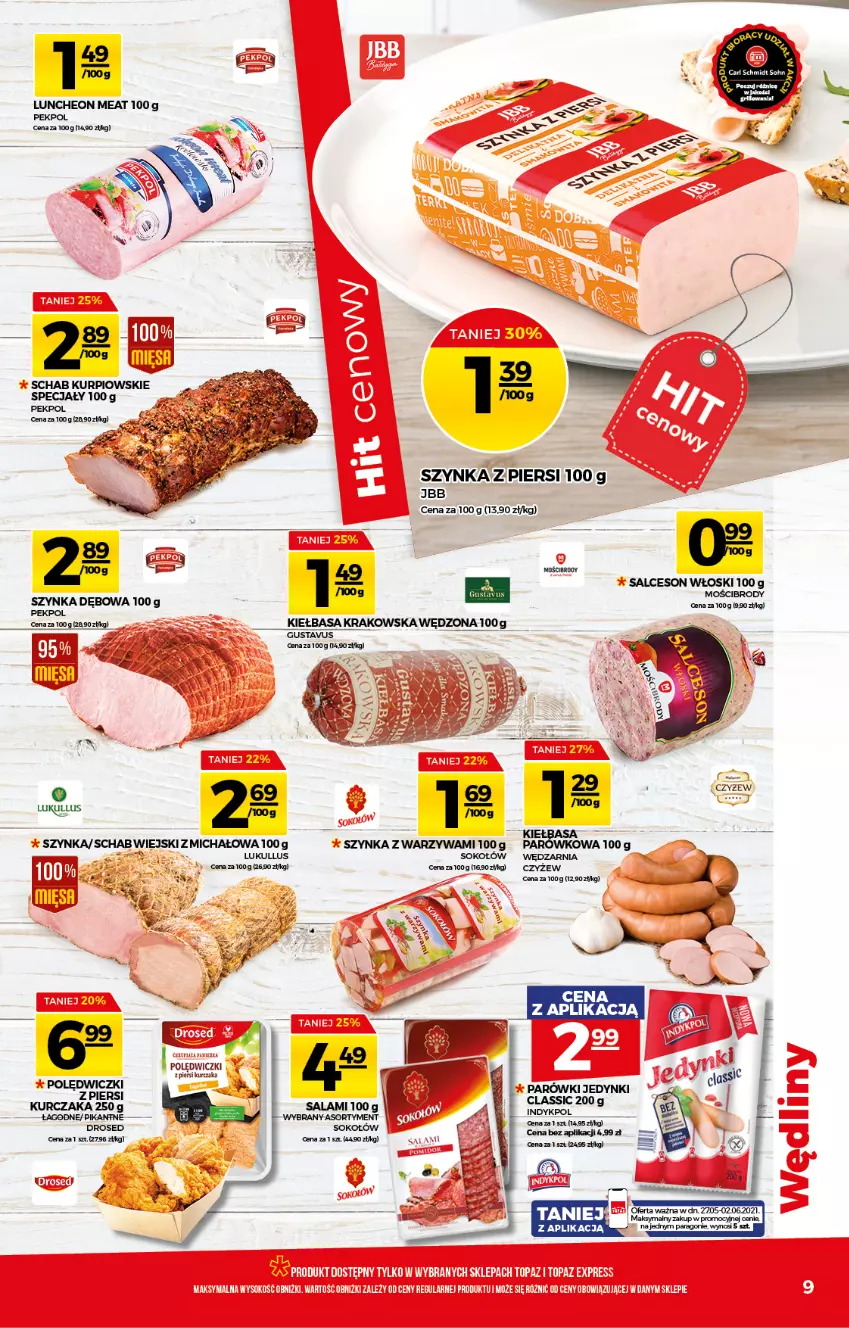 Gazetka promocyjna Topaz - Gazetka - ważna 27.05 do 02.06.2021 - strona 9 - produkty: Kiełbasa, Kiełbasa krakowska, Kurczak, Parówki, Pekpol, Salceson, Sok, Sokołów, Szynka, Warzywa