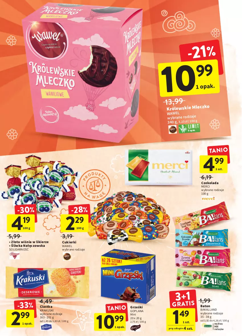 Gazetka promocyjna Intermarche - Okazjobranie - ważna 09.06 do 13.06.2022 - strona 28 - produkty: Bakalland, Baton, Ciastka, Cukier, Cukierki, Czekolada, Goplana, Grześki, Krakus, Krakuski, Królewski, LANA, Likier, Merci, Wawel